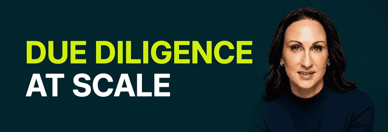 Stacy Bishop beside the headline “Due Diligence at Scale”