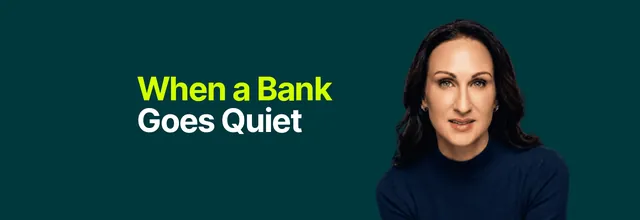 Stacy Bishop beside the headline “When a Bank Goes Quiet”